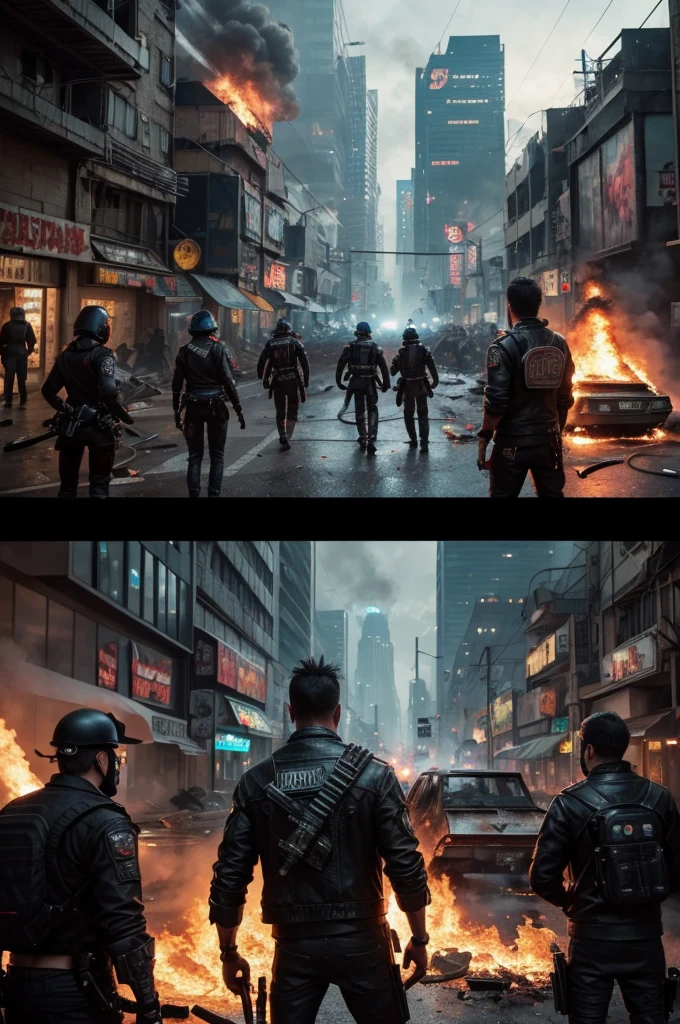 A group of punk rebels in the middle of a riot in a cyberpunk suburb with cars destroyed in flames and shops on fire, many rebels have in their hands Molotov cocktails set fire and futuristic weapons in a dark dystopian cyberpunk future where anarchy and crime reign in a metropolis, an image of the highest quality and rendered with photorealism like that of a reflex camera. 8k highest details