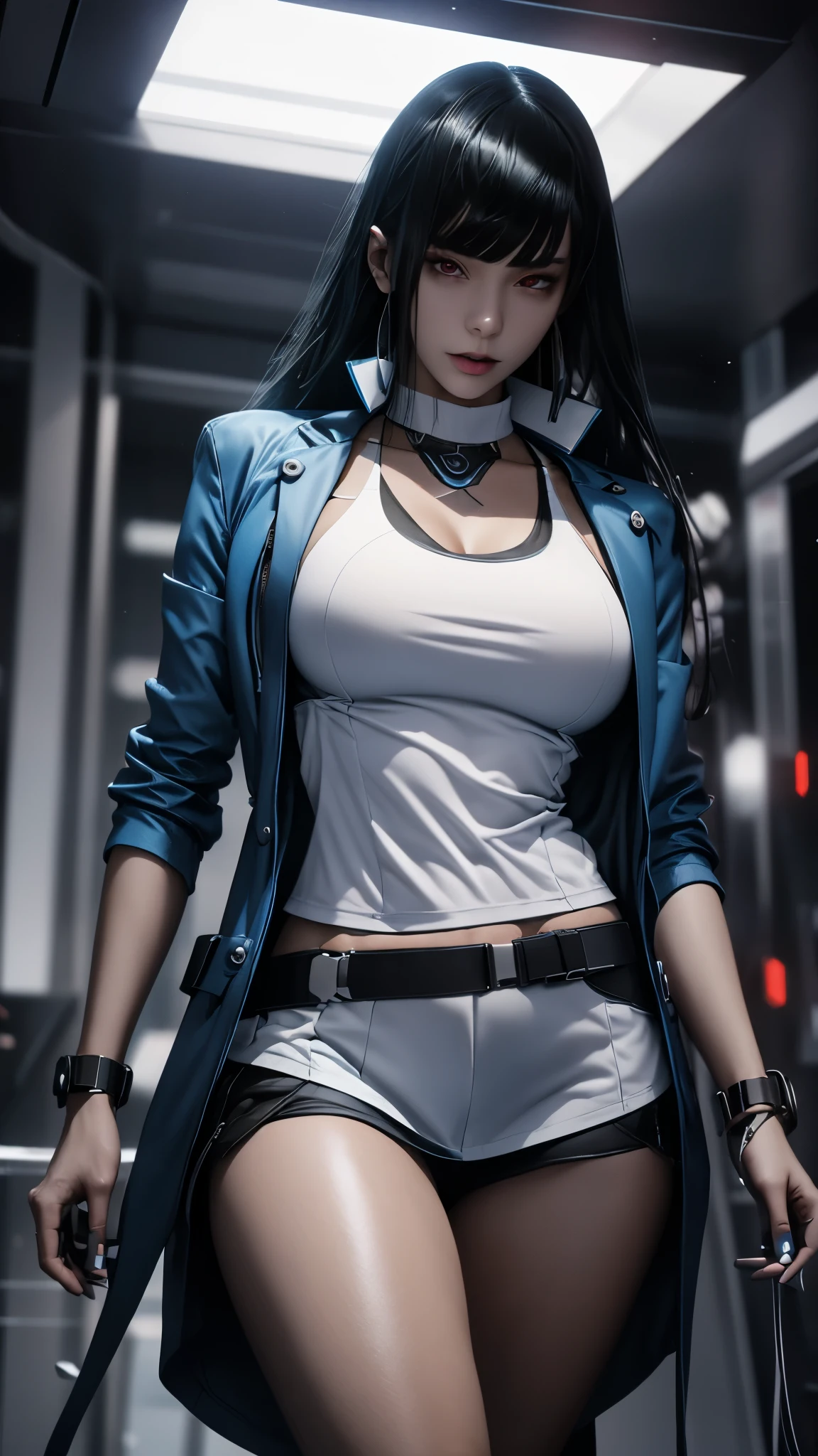 Prepare to be amazed by this unique 3D rendering of a female character, with a futuristic aesthetic that will transport you to another world. Her blue jacket and white tank top are just the beginning, as her visible gadget on her hip showcases her advanced technology and sets her apart from the rest.