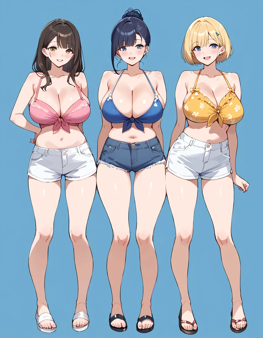 masterpiece, best quality, simple background, random hairstyle, large breasts, summer, 3 girls, full body,