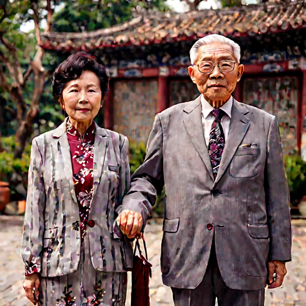 old Chinese couple in modern suit, portrait