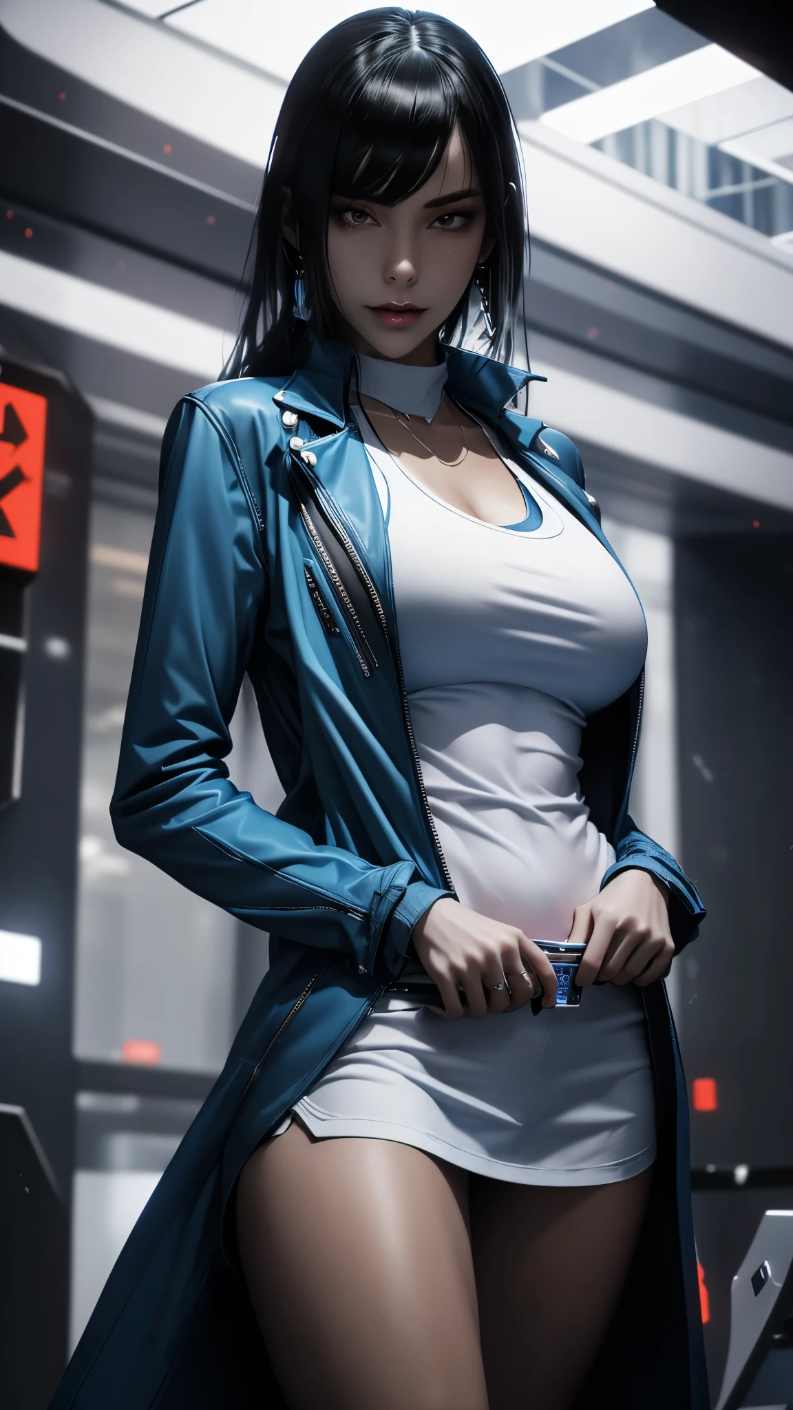 Prepare to be amazed by this unique 3D rendering of a female character, with a futuristic aesthetic that will transport you to another world. Her blue jacket and white tank top are just the beginning, as her visible gadget on her hip showcases her advanced technology and sets her apart from the rest.