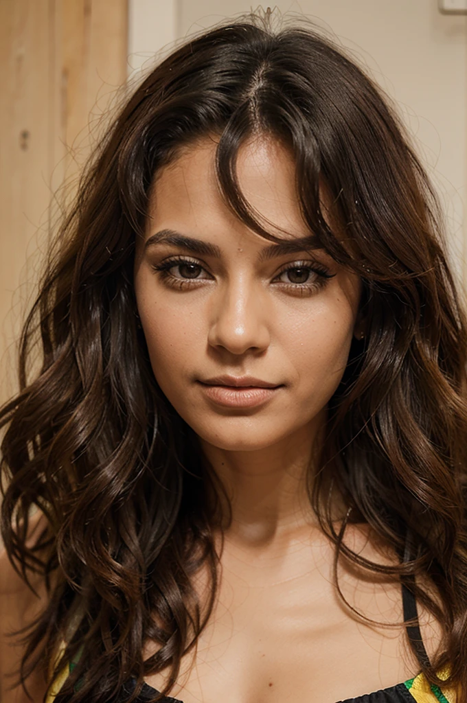 Create a Brazilian woman, 30years, wavy hair, frontal portrait 
