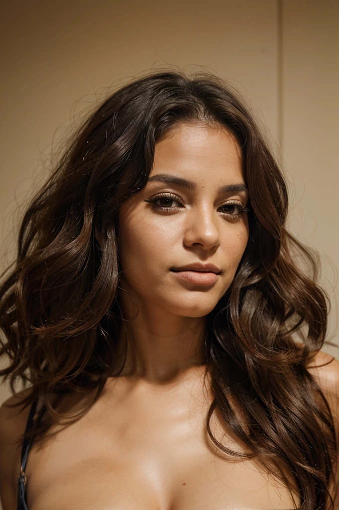 Create a Brazilian woman, 30years, wavy hair, frontal portrait