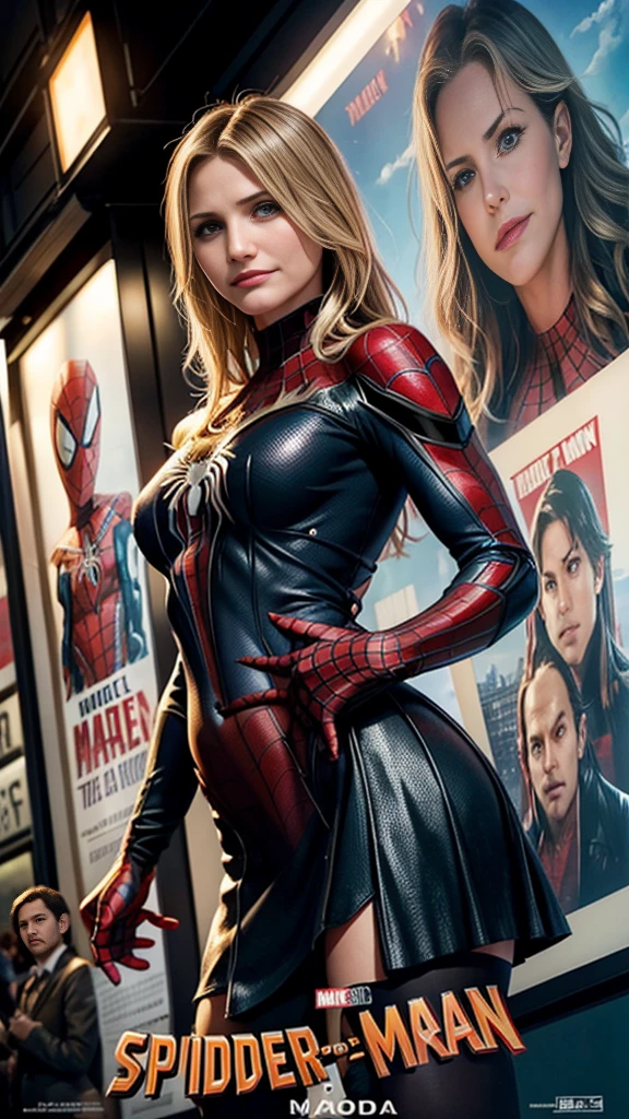 Cameron Diaz、マーベルコミックの映画Poster、so beautiful、Movies about Spider-Man、sexy、whole body、Wearing a skirt、Premiere Date、Poster、belly buttonを突き出す、new york、She&#39;s wearing a ripped Spiderman suit、The suit is torn、Wearing a skirt、Red and black color scheme、dynamic、masterpiece、Highest quality、Super detailed、Very detailed、Delicate and beautiful shine、Ultra-high resolution、Cinematic、break、breakドロップ、(Torn clothes:1.5)、(Wet clothes:1.4)、Bare shoulders、Real Rain、Wet Hair、belly button、Exposed Skin、sexyな肩を披露