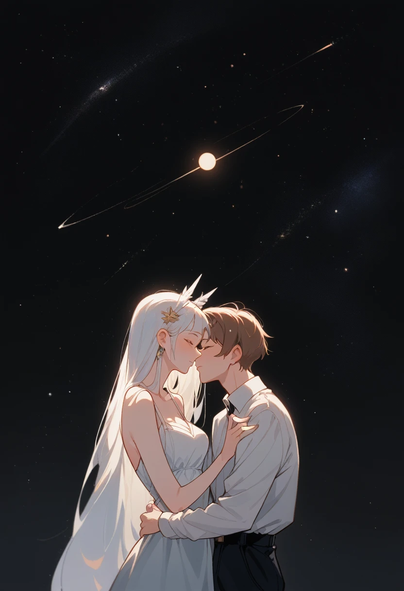 they are поцелуи in front of a galaxy ночью, поцелуи together cutely, couple поцелуи, They are in love, taken at night, Space in the background, boy and girl