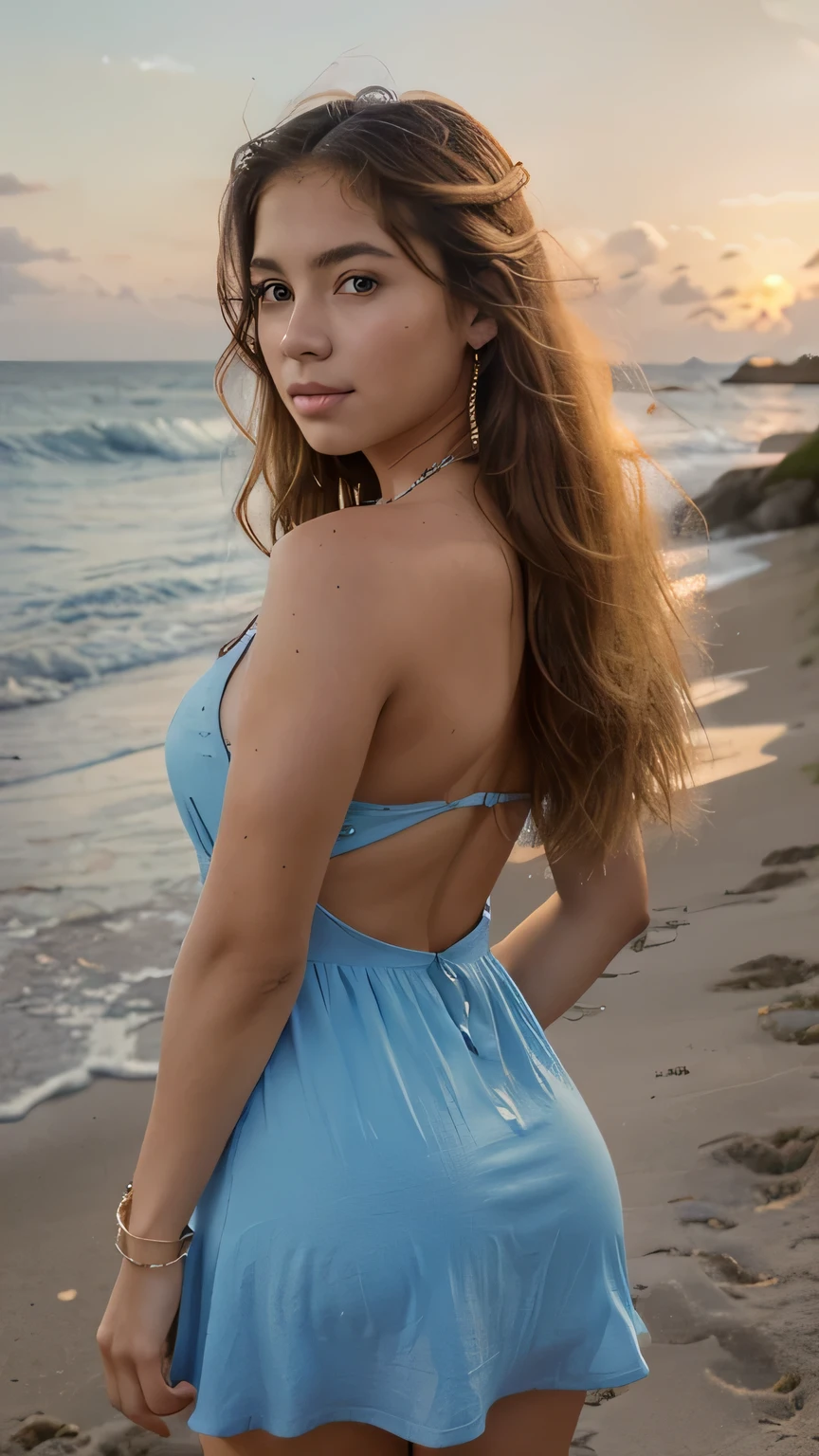 full body picture off a girl with parkling jewelry, 19 years old latina, girl, blonde hair, highly, realistic, detailled face and beautiful clear skin, realistic amber eyes, big natural and ass, mid hair, freckle mid face, seductive smirk brown eyes with a blue dress  behind a beach at the sunset 