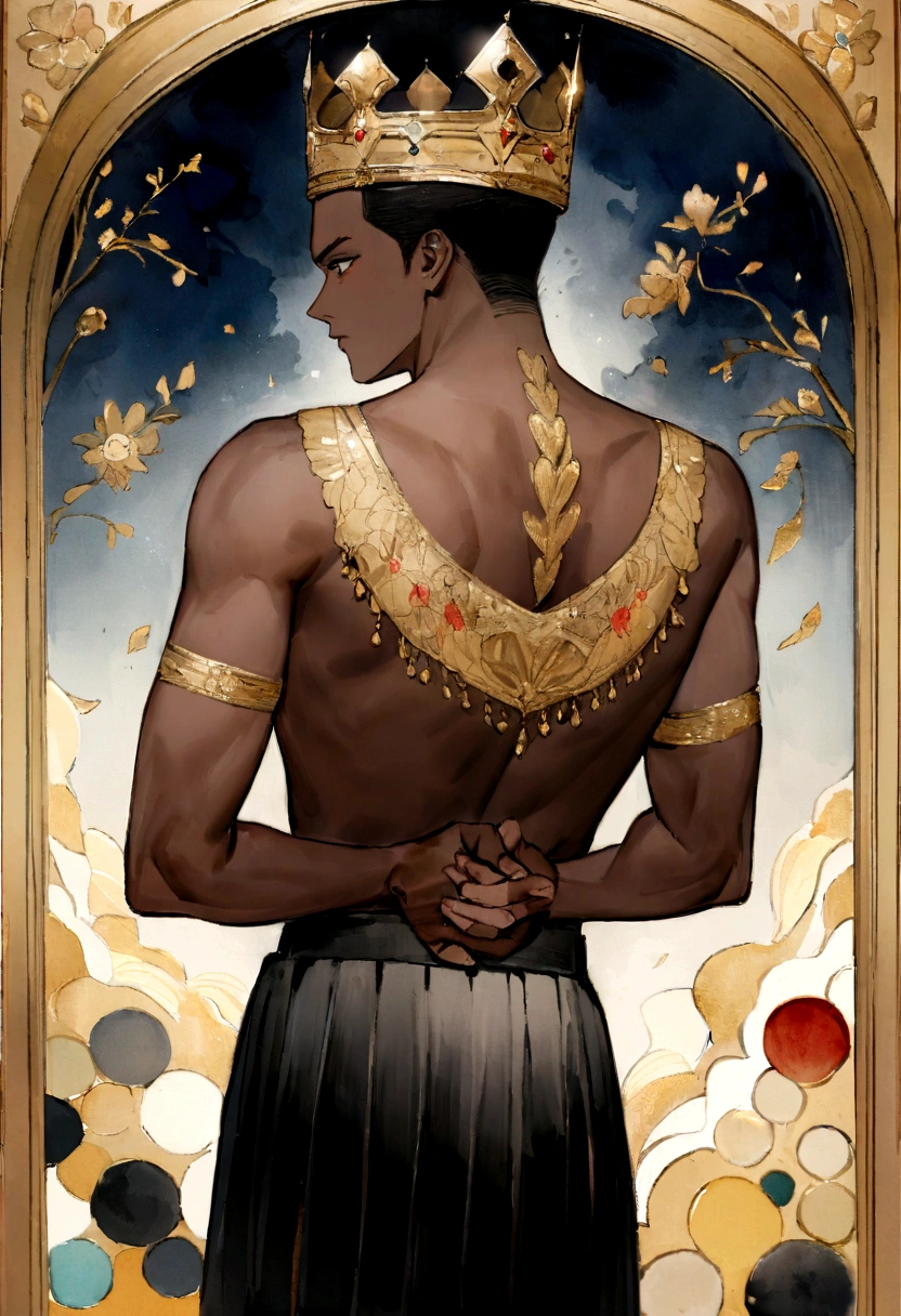 best qualityer, very well, 16K, incredibly absurdres, extremely detaild, 2.5D, delicate and dynamic, fusion of watercolors and oil paintings, A black man with his back, sem T-shirt, Arms crossed in front of the chest, wearing a gold crown and a red men's skirt