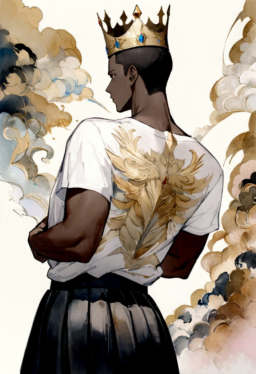 best qualityer, very well, 16K, incredibly absurdres, extremely detaild, 2.5D, delicate and dynamic, fusion of watercolors and oil paintings, A black man with his back, sem T-shirt, Arms crossed in front of the chest, wearing a gold crown and a red men's skirt