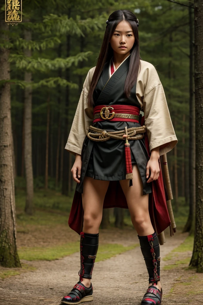 4k, realistic, very detail, there is a girl on a wood, she is a samurai, war theme, soft clothes, long hair, wearing legging, 25 years old, full body, wearing gucci shoes