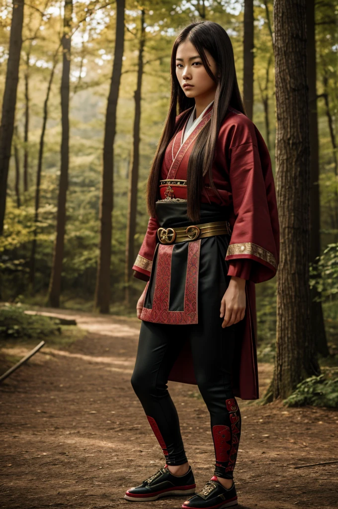 4k, realistic, very detail, there is a girl on a wood, she is a samurai, war theme, soft clothes, long hair, wearing legging, 25 years old, full body, wearing gucci shoes