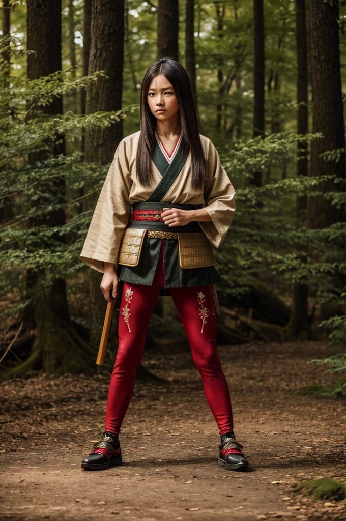 4k, realistic, very detail, there is a girl on a wood, she is a samurai, war theme, soft clothes, long hair, wearing legging, 25 years old, full body, wearing gucci shoes