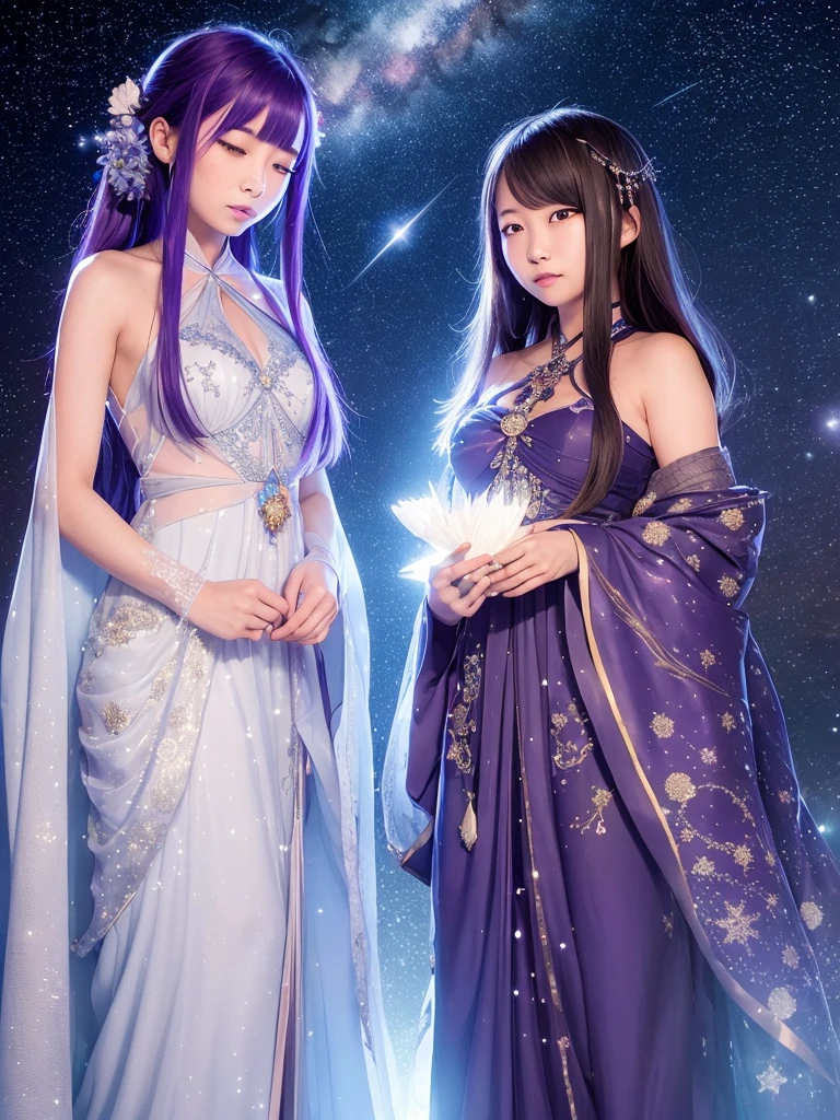 Under a star-filled sky, Orihime and Hikoboshi stand on opposite sides of the shimmering Milky Way, their eyes meeting with a sense of longing and love. The night is illuminated by a soft, ethereal glow, with delicate hues of blue and purple blending into the darkness. Surrounding them are twinkling stars, glowing mist, and mystical constellations, creating a magical and otherworldly atmosphere. Both characters are dressed in traditional celestial robes adorned with intricate patterns, adding to the enchantment of the scene."