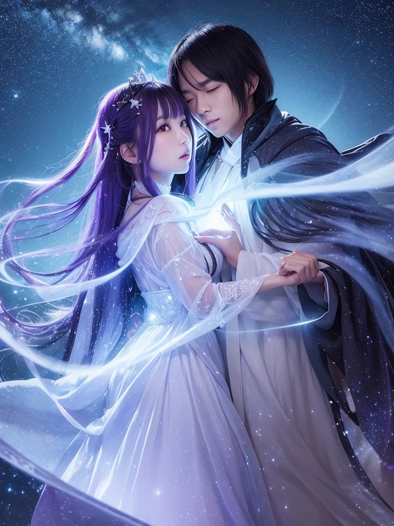 Under a star-filled sky, Orihime and Hikoboshi stand on opposite sides of the shimmering Milky Way, their eyes meeting with a sense of longing and love. The night is illuminated by a soft, ethereal glow, with delicate hues of blue and purple blending into the darkness. Surrounding them are twinkling stars, glowing mist, and mystical constellations, creating a magical and otherworldly atmosphere. Both characters are dressed in traditional celestial robes adorned with intricate patterns, adding to the enchantment of the scene."