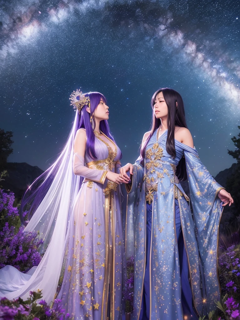 Under a star-filled sky, Orihime and Hikoboshi stand on opposite sides of the shimmering Milky Way, their eyes meeting with a sense of longing and love. The night is illuminated by a soft, ethereal glow, with delicate hues of blue and purple blending into the darkness. Surrounding them are twinkling stars, glowing mist, and mystical constellations, creating a magical and otherworldly atmosphere. Both characters are dressed in traditional celestial robes adorned with intricate patterns, adding to the enchantment of the scene."