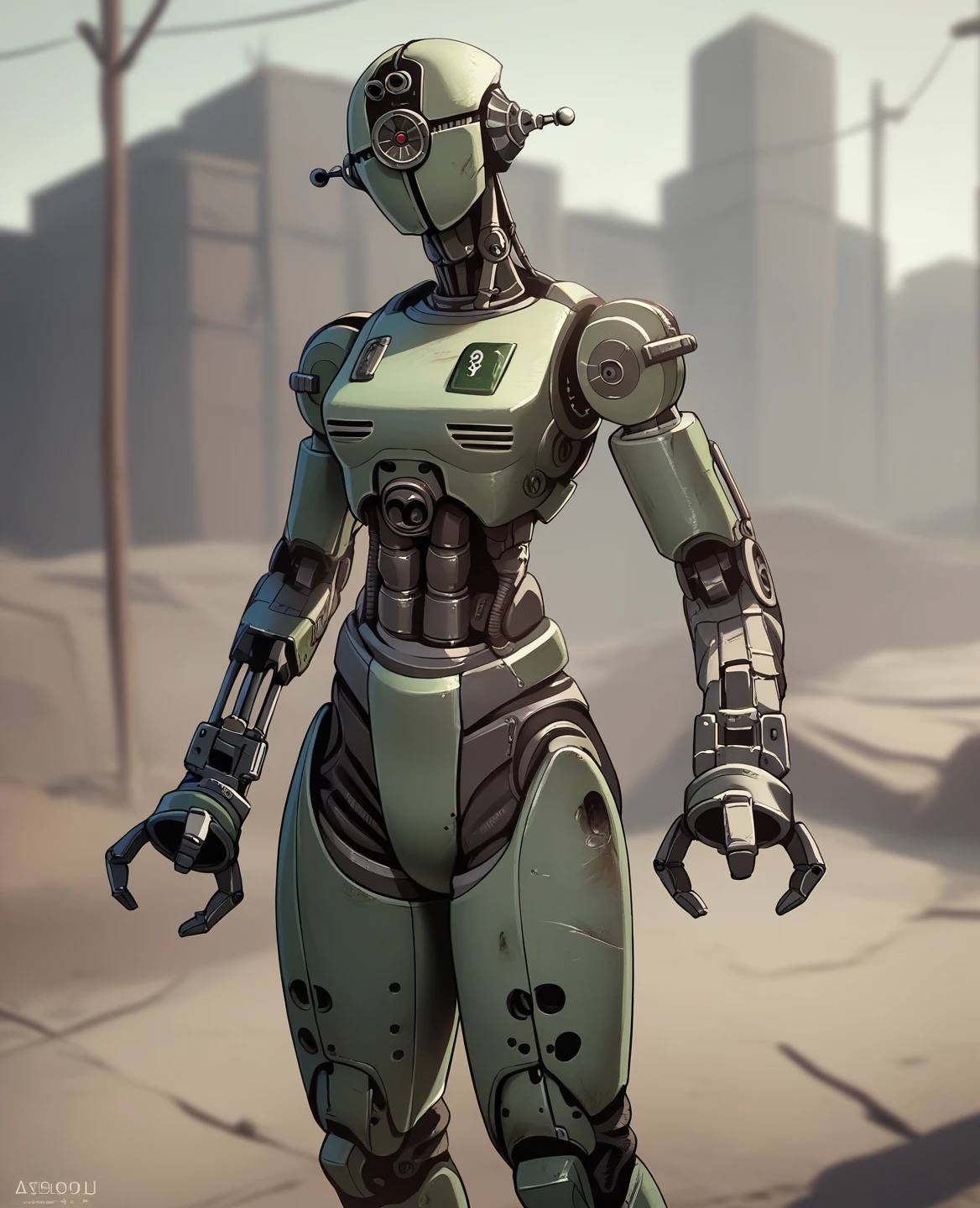 score_9, score_8_up, score_7_up, score_6_up, score_5_up, source_furry, assaultron, fallout, solo, looking at viewer, robot, humanoid robot, robot joints, one-eyed, joints, no humans, green skin, mechanical arms, crotch plate, science fiction, post-apocalypse, outside, green armor, robotic hand, 3 fingers