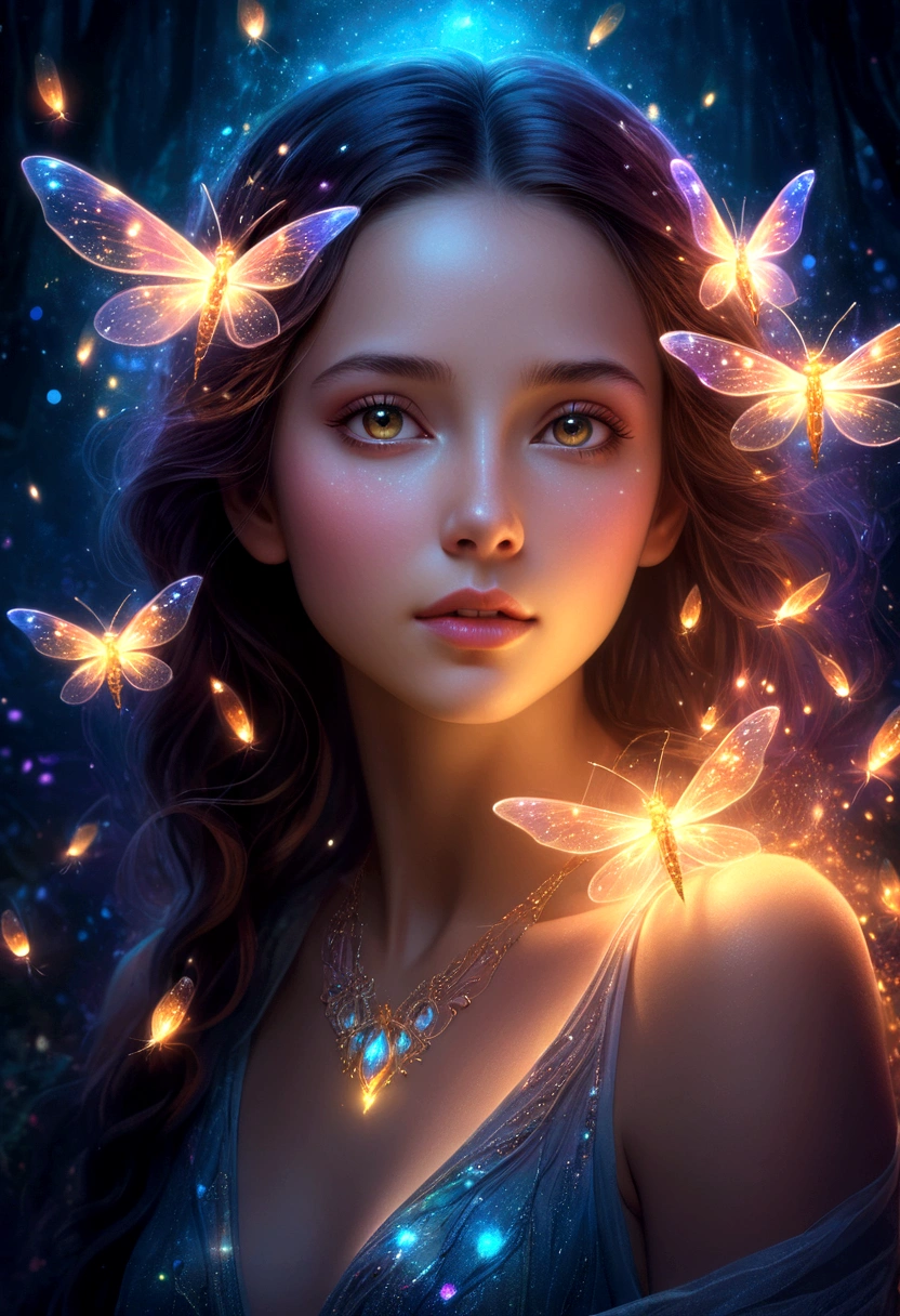 a beautiful young woman, intricate fantasy portrait, mesmerizing expression, ethereal aura, surreal dreamscape, glowing fireflies, floating crystals, diffused lighting, cinematic composition, exquisite details, vibrant colors, digital art, concept art, masterpiece