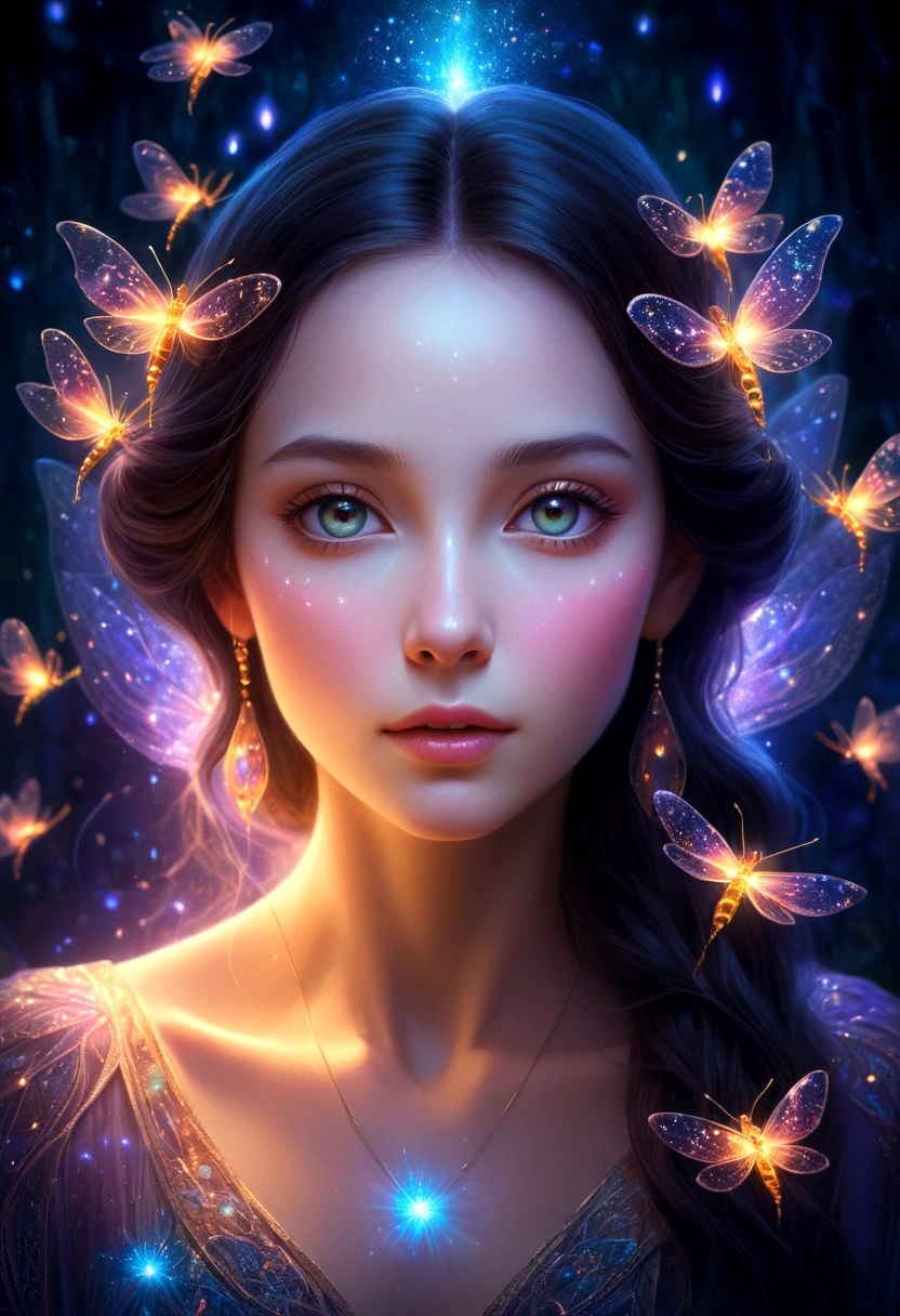 a beautiful young woman, intricate fantasy portrait, mesmerizing expression, ethereal aura, surreal dreamscape, glowing fireflies, floating crystals, diffused lighting, cinematic composition, exquisite details, vibrant colors, digital art, concept art, masterpiece