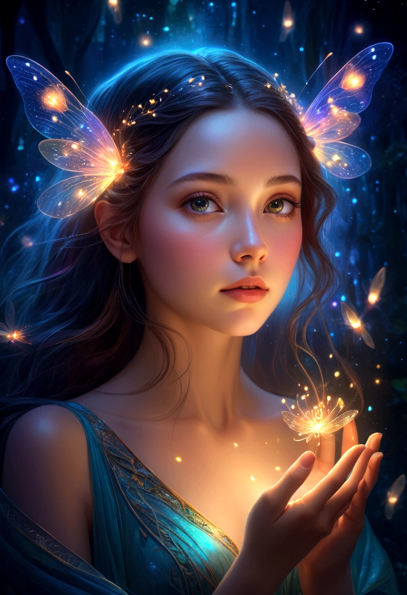 a beautiful young woman, intricate fantasy portrait, mesmerizing expression, ethereal aura, surreal dreamscape, glowing fireflies, floating crystals, diffused lighting, cinematic composition, exquisite details, vibrant colors, digital art, concept art, masterpiece
