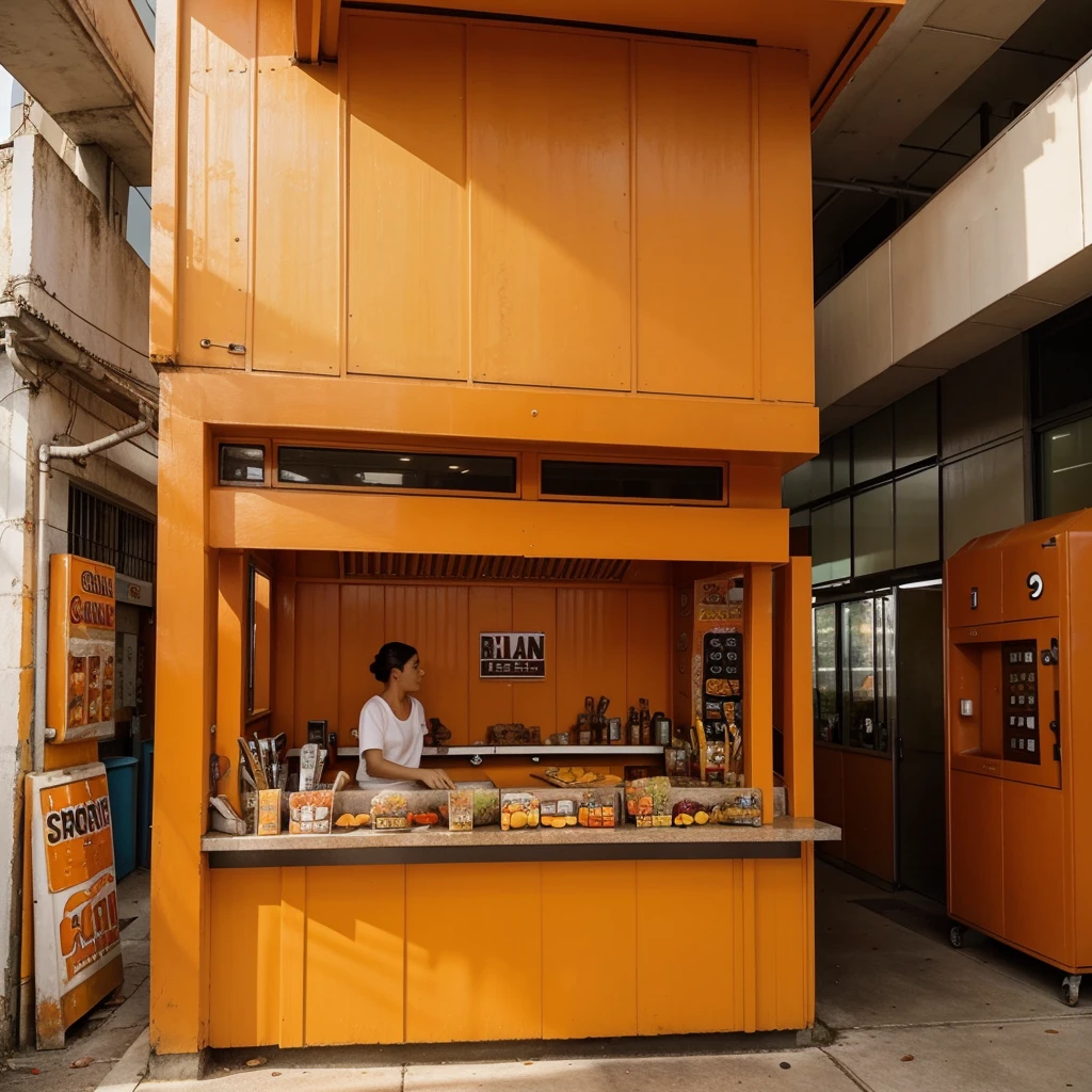 I need a picture of a very well decorated snack bar with modern architecture based on the color orange.