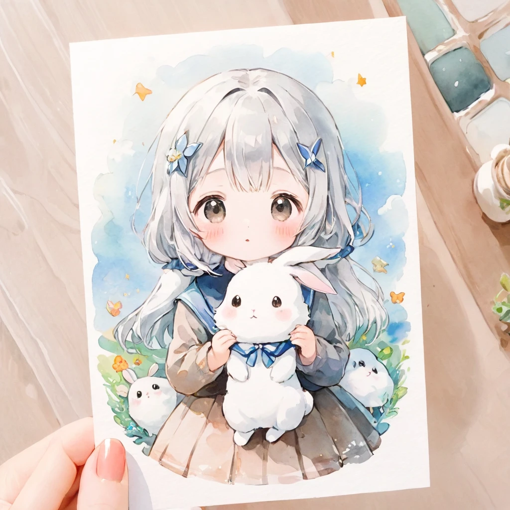 Masterpiece, Best Quality, absurdities, illustration, watercolor,
1 girl, 1 rabbit, cartoon character, kawaii, beautiful, mascot character, fuwafuwa,silver hair,
postcard,