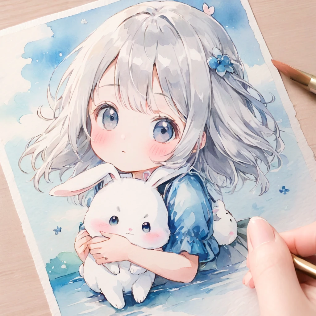 Masterpiece, Best Quality, absurdities, illustration, watercolor,
1 girl, 1 rabbit, cartoon character, kawaii, beautiful, mascot character, fuwafuwa,silver hair,
postcard,