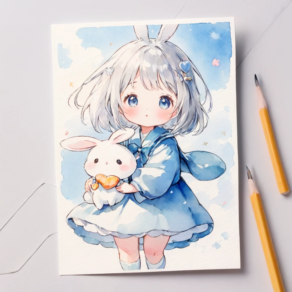 Masterpiece, Best Quality, absurdities, illustration, watercolor,
1 girl, 1 rabbit, cartoon character, kawaii, beautiful, mascot character, fuwafuwa,silver hair,
postcard,