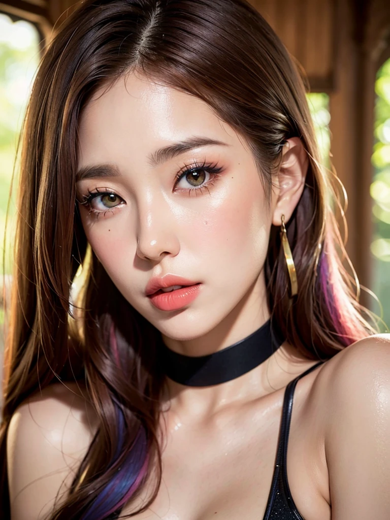 1girl, alone, solitary, high quality, (best quality,4k,8k,highres,masterpiece:1.2),ultra-detailed,(realistic,photorealistic,photo-realistic:1.37),gorgeous hair,caramel hair,long straight hair with bangs,sharp eyes,mole under the eye,plump lips,jewelry,(high detailed skin:1.4),(rim lighting:1.3),(lit:1.3),(sunny day:1.3),portrait,beautiful lips,waist-length hair,seductive gaze,moles,casual clothes,colorful clothing,close up,super long hair,choker necklace,light eyes,bangs,fringe,28 year old,dimples on the cheeks,dimples,caramel brown hair,lighthair,light brown hair,black,red lips,red lipstick,round lips,round pouty lips,pouty lips,douyin makeup,sparkly makeup,glitter,contact lenses,blue,green,pink,purple,wine red,chocolates hair,light hair