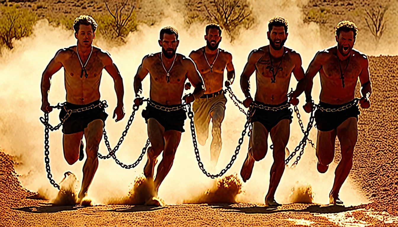 4 white men chained at the waist running through hell (chains pass between men's waists), men behind with gray clothes, with jersey, simple torn clothes and bare feet,
