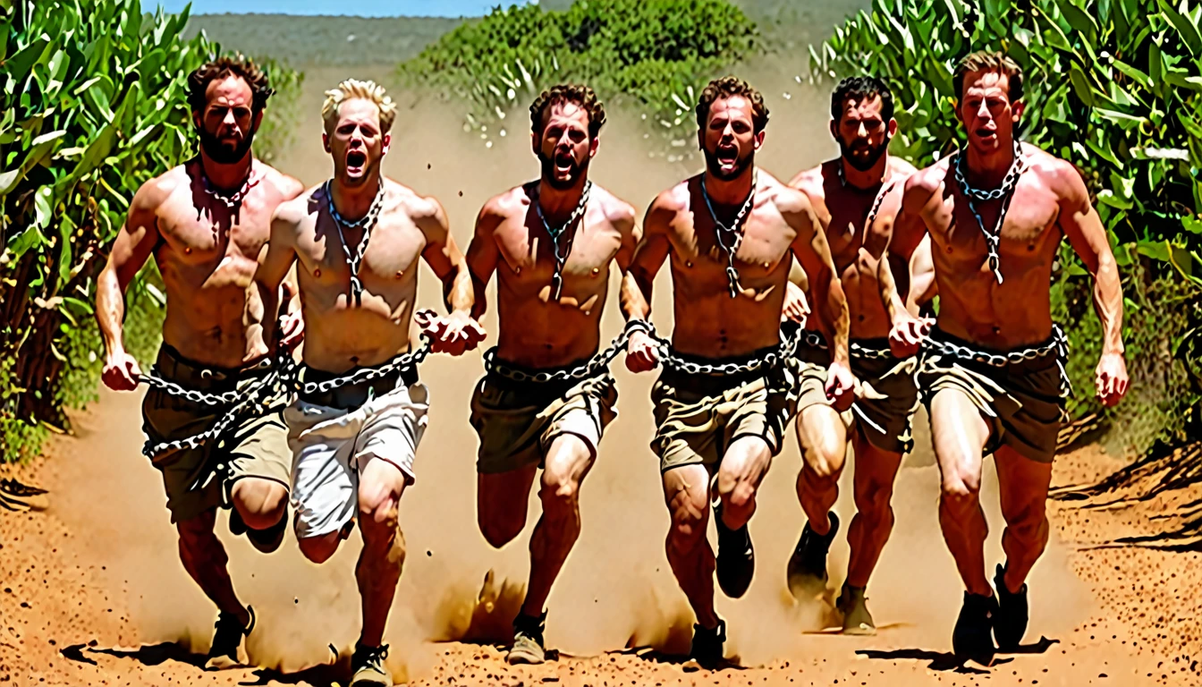 4 white men chained at the waist running through hell (chains pass between men&#39;s waists), men behind with gray clothes, with jersey, simple torn clothes and bare feet,
