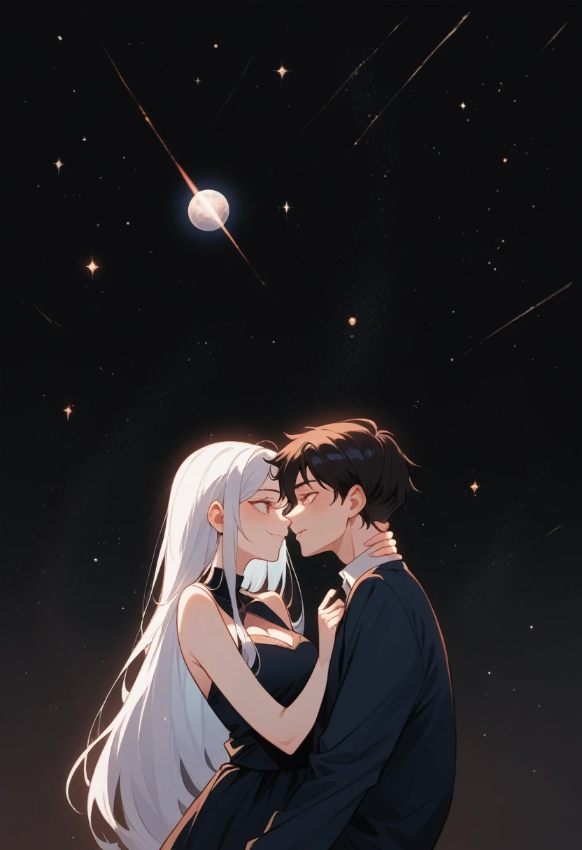 they are поцелуи in front of a galaxy ночью, поцелуи together cutely, couple поцелуи, They are in love, taken at night, Space in the background, boy and girl