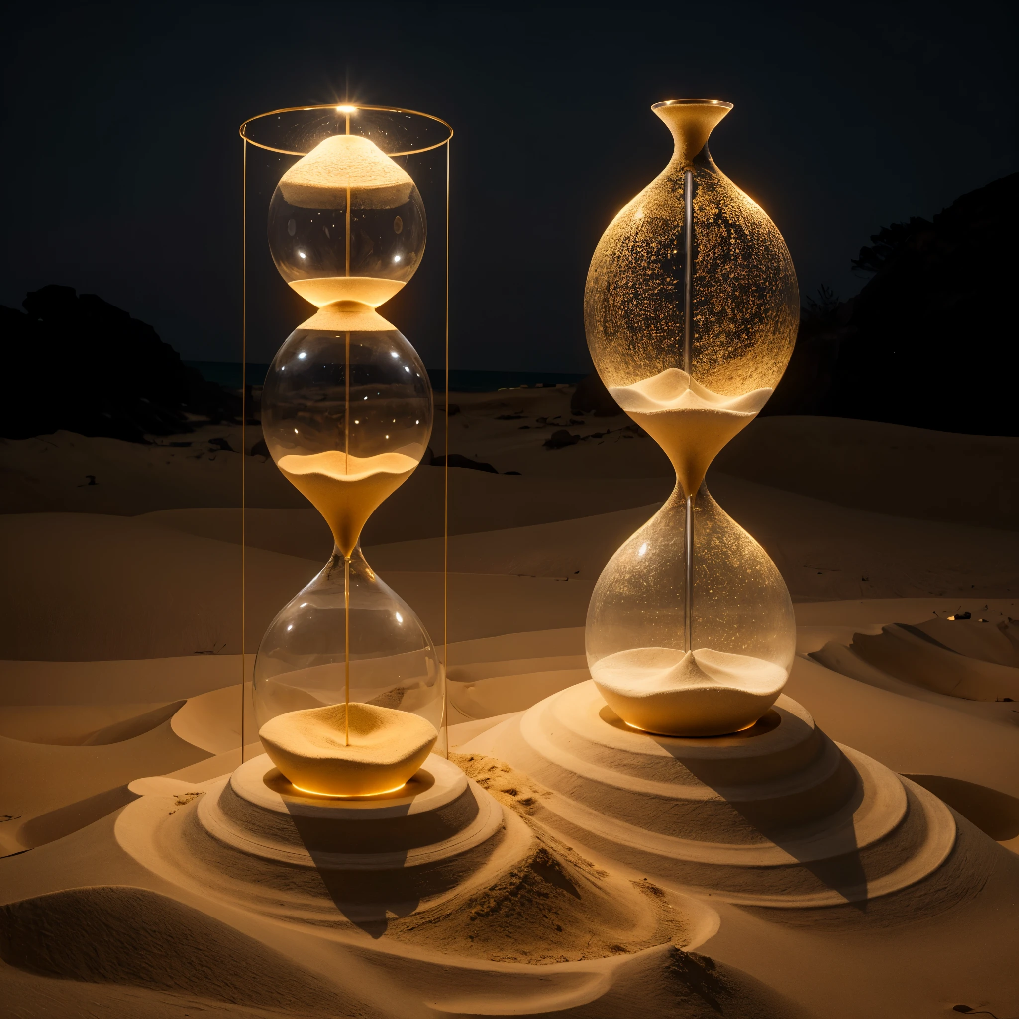 big hourglass of glowing golden sand, delicate curve and swirling grains illuminated by ethereal light, glassbody glows with luminescence, sand infused by otherworldly energi,