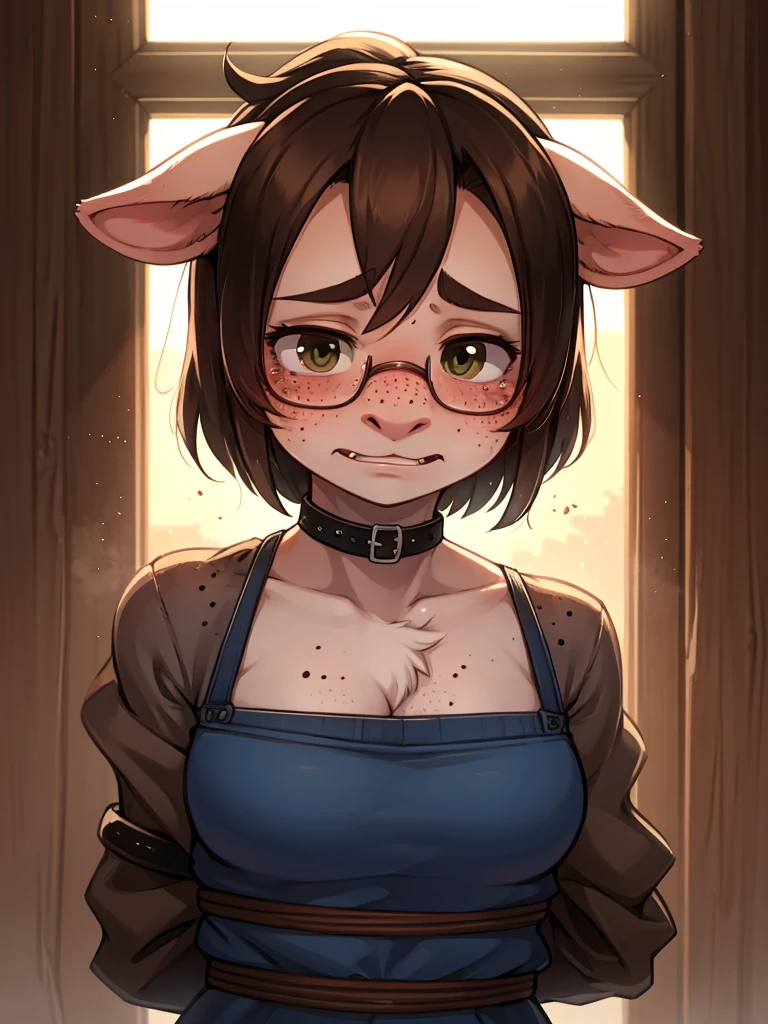 (ugly face female) , (Freckles on face:0.9) , Ugly expression , shy geek , perfect beautiful body , Trained sow , BDSM , foolish