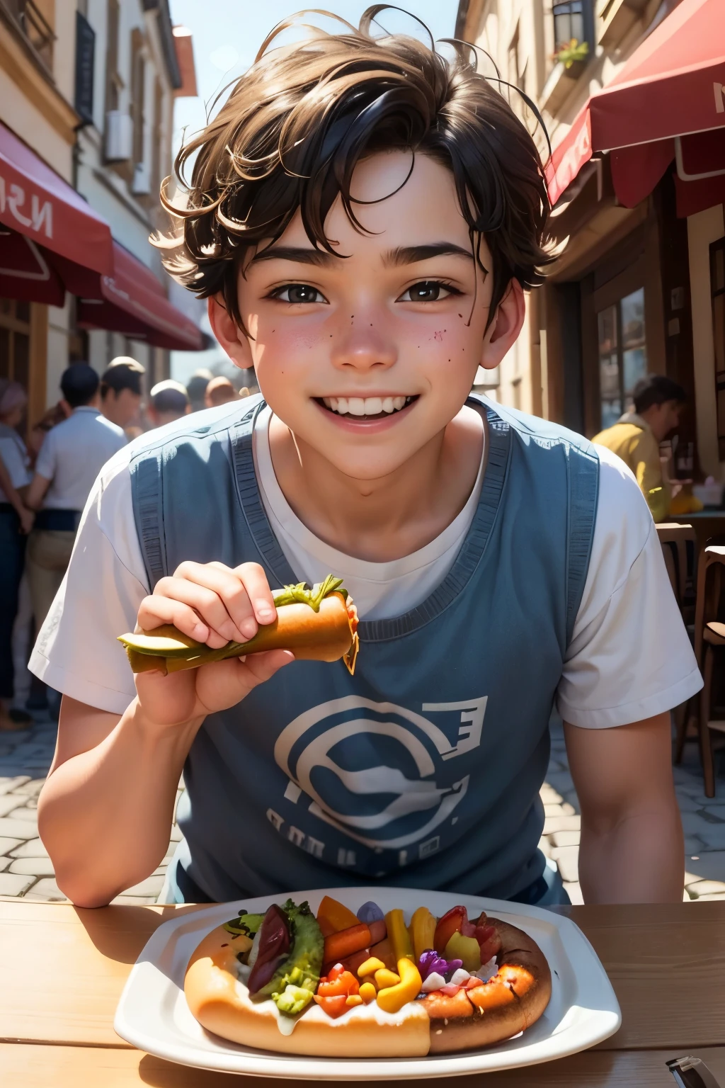 The Young lad, brimming with youthful exuberance, relishes a succulent hotdog, basked in the vibrant, Pixar-esque world outside. The hotdog, a spiraling tower of deliciousness, is adorned with a riot of condiments - ketchup cascading down its sides, mustard gleaming, onions and pickles adding a sparkle. The lad's gaze is locked on the treat, his smile capturing the essence of pure, unadulterated joy. He sits on a cobblestone street, surrounded by a bustling world - a testament to the magic and wonder that Pixar seamlessly weaves into its images