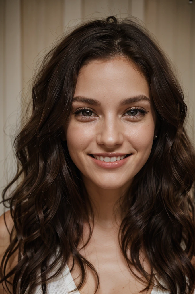 american woman, 30years, dark shaped eyes, Grinning, wavy hair 