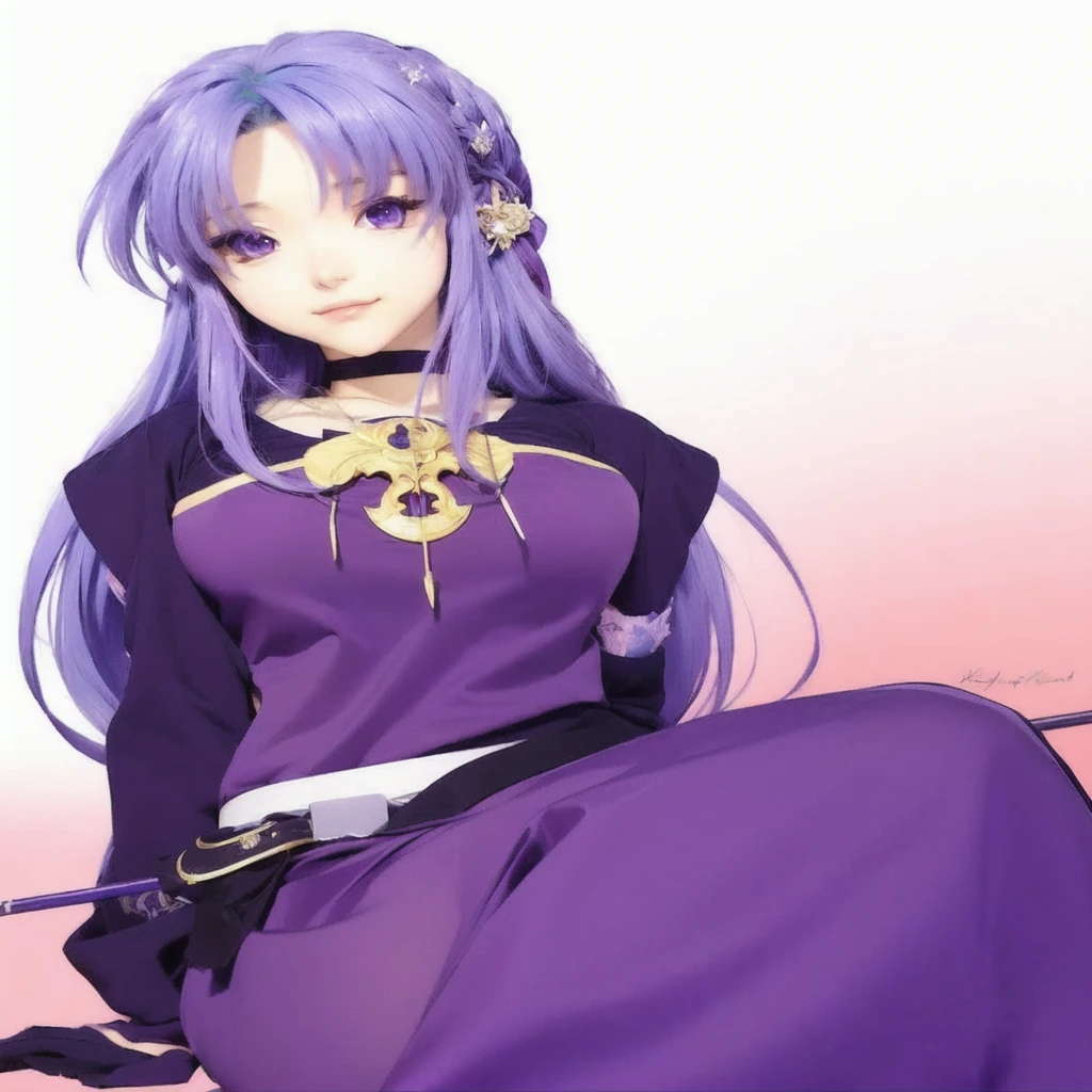 anime girl with purple hair sitting on the floor with a sword, anime style like Destiny/stay overnight, portrait girl of the zodiac knights, girl of the zodiac knights, Misato Katsuragi, anime moe art style, Destiny stay overnight, Anime goddess, as an anime character, I'm going to make fanart too, anime character, Destiny / stay overnight, female anime character