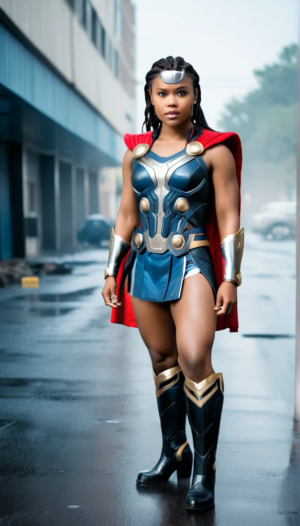 cinematic photo RAW candid cinema,  (((black woman dressed as Thor))) full body pose in the centre of a cyclone, 16mm, ((remarkable color)), (ultra realistic)  . 35mm photograph, film, bokeh, professional, 4k, highly detailed