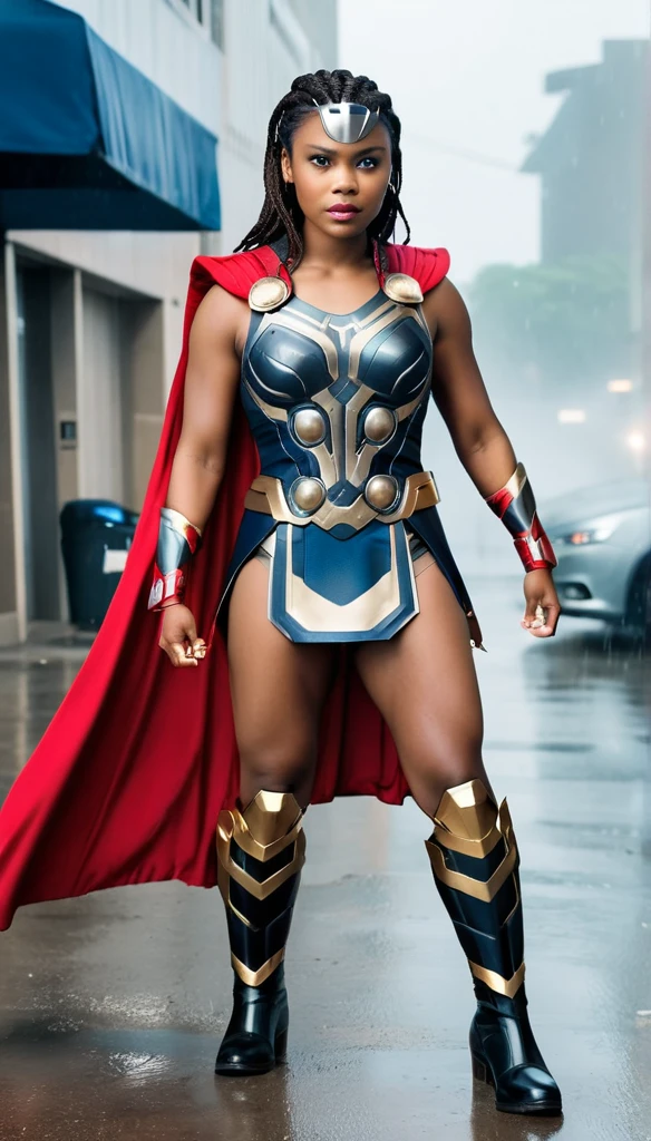 cinematic photo RAW candid cinema,  (((black woman dressed as Thor))) full body pose in the centre of a cyclone, 16mm, ((remarkable color)), (ultra realistic)  . 35mm photograph, film, bokeh, professional, 4k, highly detailed