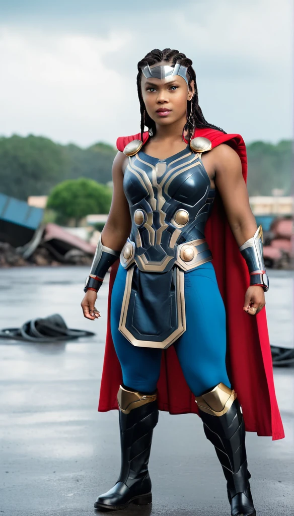 cinematic photo RAW candid cinema,  (((black woman dressed as Thor))) full body pose in the centre of a cyclone, 16mm, ((remarkable color)), (ultra realistic)  . 35mm photograph, film, bokeh, professional, 4k, highly detailed