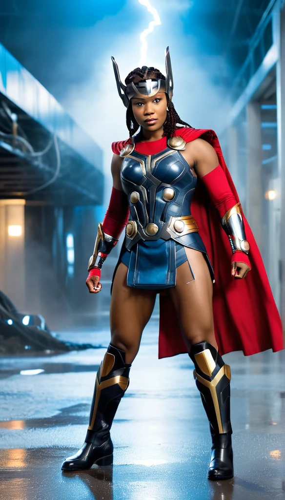 cinematic photo RAW candid cinema,  (((black woman dressed as Thor))) full body pose in the centre of a cyclone, 16mm, ((remarkable color)), (ultra realistic)  . 35mm photograph, film, bokeh, professional, 4k, highly detailed