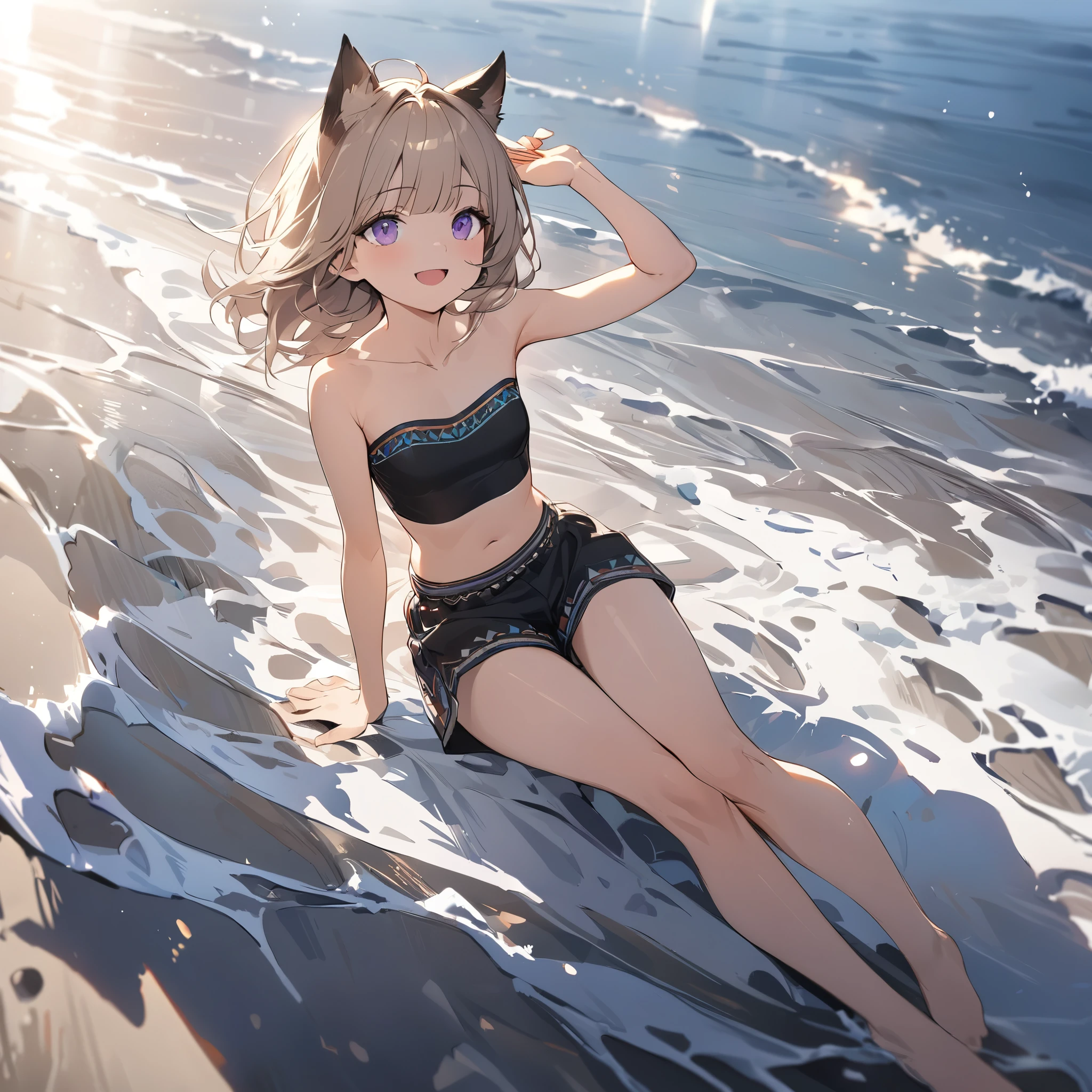 ((Masterpiece)), ((best quality)), (Anime:1.3), (super detail:1.2),(High Definition:1.3), (Professional Photography:1.2), (wide shot), cinematic lighting, (sharp focus), (perfect light), from side, ((1girl)), (()), (full body), looking up, messy medium hair, Beautiful collarbone, ((Embroidered Tribal black tubutop)), strapless, (bare arms), cute navel, (Tribal boxer shorts), (Healthy slim body), (loose blunt bangs), Slender body, glossy skin, (naughty smile), open mouth, ((Beautiful purple eyes)), Textured skin, (Cat ears), (Pale brown hair), Cute Beautiful Girl, (slightly exposed medium breast), BREAK, ((best quality)), (full body), ((1girl)), ((loose arm up)), sitting on one leg, (the shoreline at dawn), (sharp focus), (perfect light),