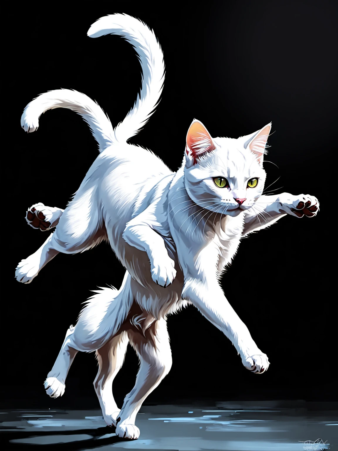 A white cat running on two legs, black background, digital anime painting style