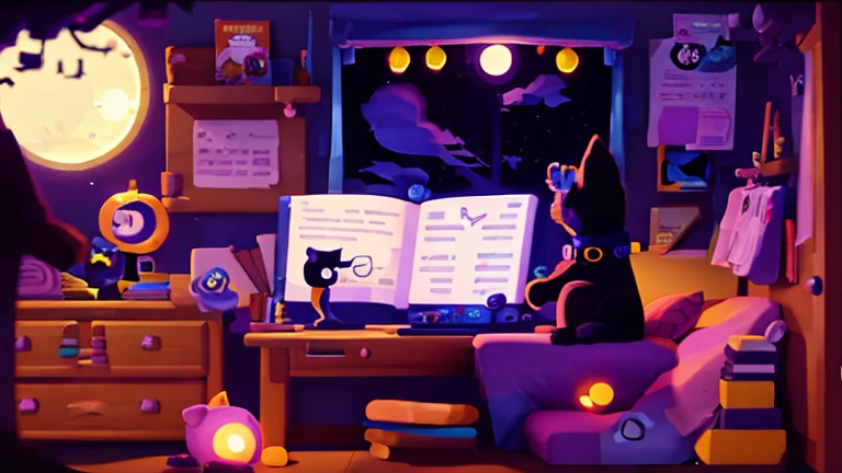 black cat using headphones while studying at night in his super decorated and dark room, with just the moonlight