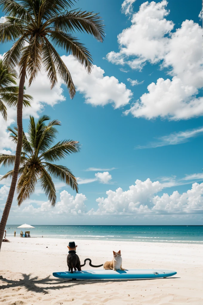 Photo of a sketch With 15 elements Palm Tree Person Dog Sand Sea Drinks Cooler Glasses Hat Cat Sky with clouds Sun Surfboard Beach ball Beach umbrella Seagulls