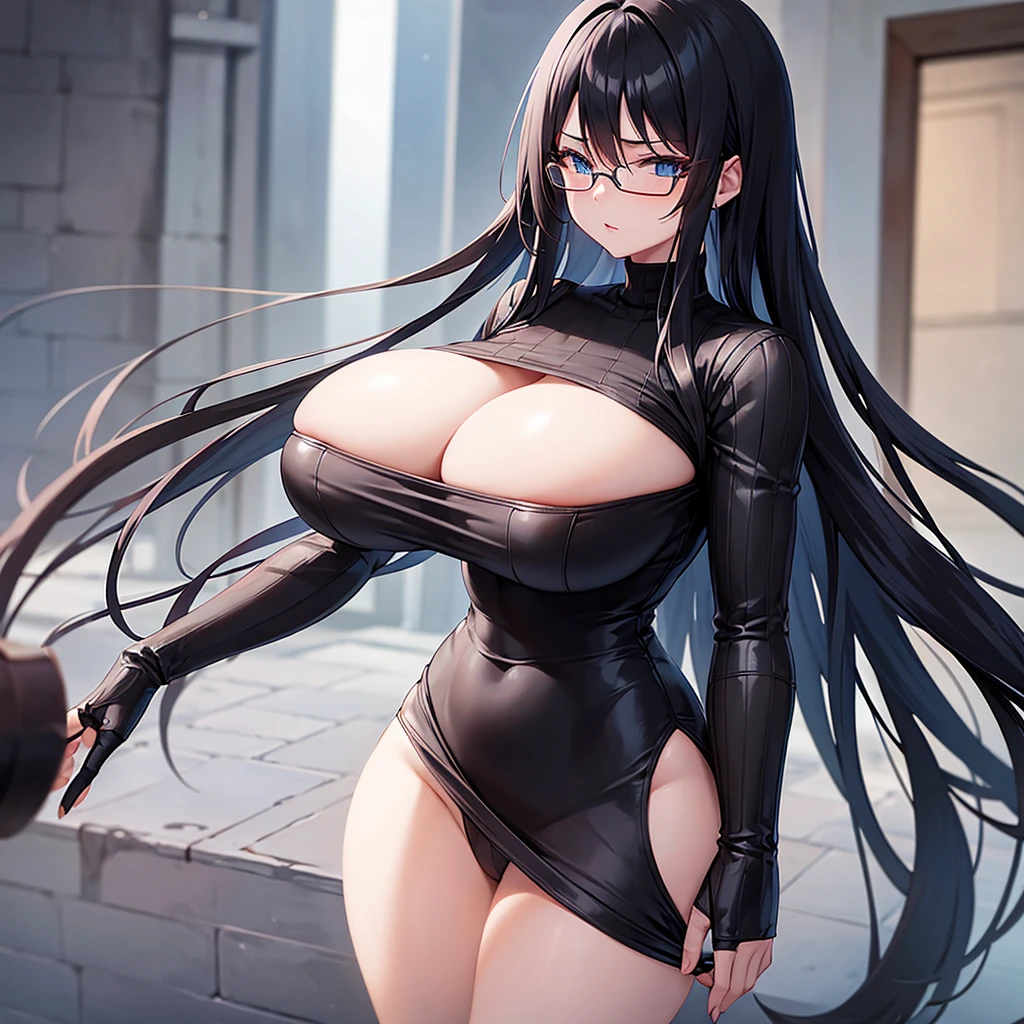 A woman with long black hair wearing a dark top, a blue eyed woman, biomechanical oppai, oppai proportions, big breasts sfw, White skin "Beautiful anime woman, thick frame glasses, dark casual clothing, big breasts, thick frame glasses, sophisticated huecograbado idol, dressed in a black sweater, Smooth CG anime art, thick frame glasses, big breasts.