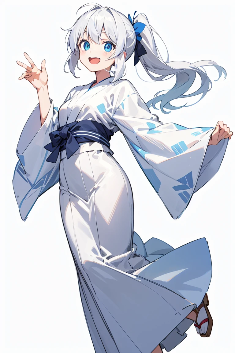 solo, full body, five fingers, cute, detailed, beautiful hair and eyes, (five fingers), blue eye, long hair, white hair, blue yukata, side ponytail, Beam with laughter, open mouth, ((white background)), (masterpiece)