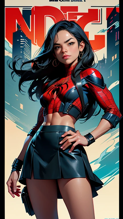 Michelle Rodriguez、マーベルコミックの映画Poster、so beautiful、Movies about Spider-Man、sexy、whole body、Wearing a skirt、Premiere Date、Poster、belly buttonを突き出す、new york、She&#39;s wearing a ripped Spiderman suit、The suit is torn、Wearing a skirt、Red and black color scheme、dynamic、masterpiece、Highest quality、Super detailed、Very detailed、Delicate and beautiful shine、Ultra-high resolution、Cinematic、break、breakドロップ、(Torn clothes:1.5)、(Wet clothes:1.4)、Bare shoulders、Real Rain、Wet Hair、belly button、Exposed Skin、sexyな肩を披露