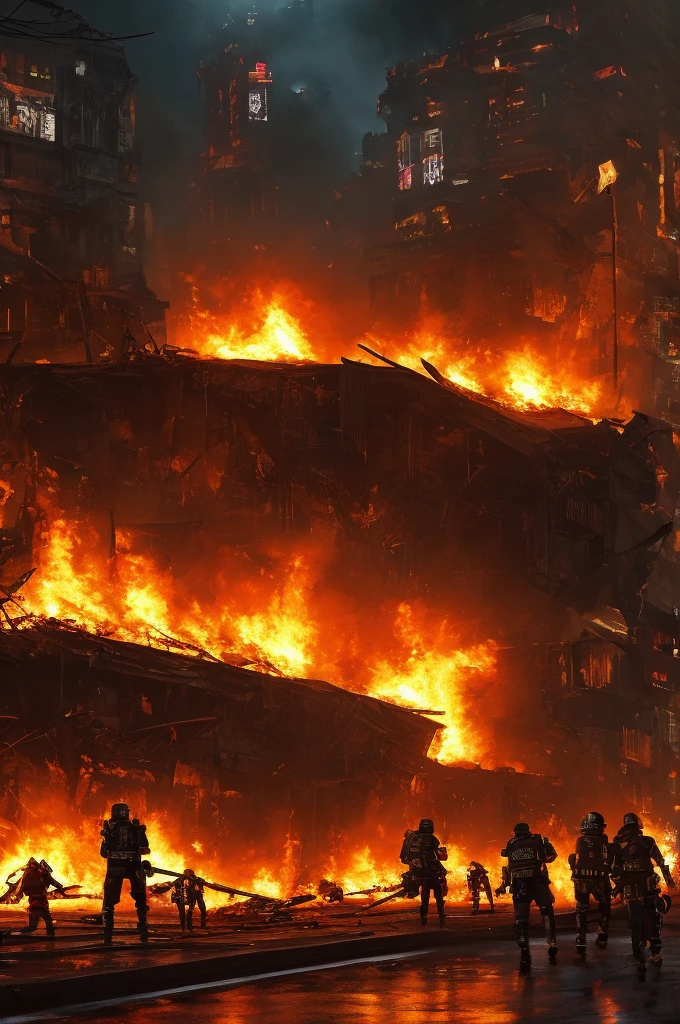 A group of punk rebels in the middle of a riot in a cyberpunk suburb with cars destroyed in flames and shops on fire, many rebels have in their hands Molotov cocktails set fire and futuristic weapons in a dark dystopian cyberpunk future where anarchy and crime reign in a metropolis, an image of the highest quality and rendered with photorealism like that of a reflex camera. 8k highest details