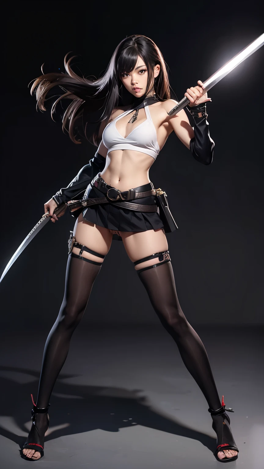 female full body character in sensual shape, with skirt, no panties and belt with ninja star and a short top and long hair and long legs, Ninja with katana sword