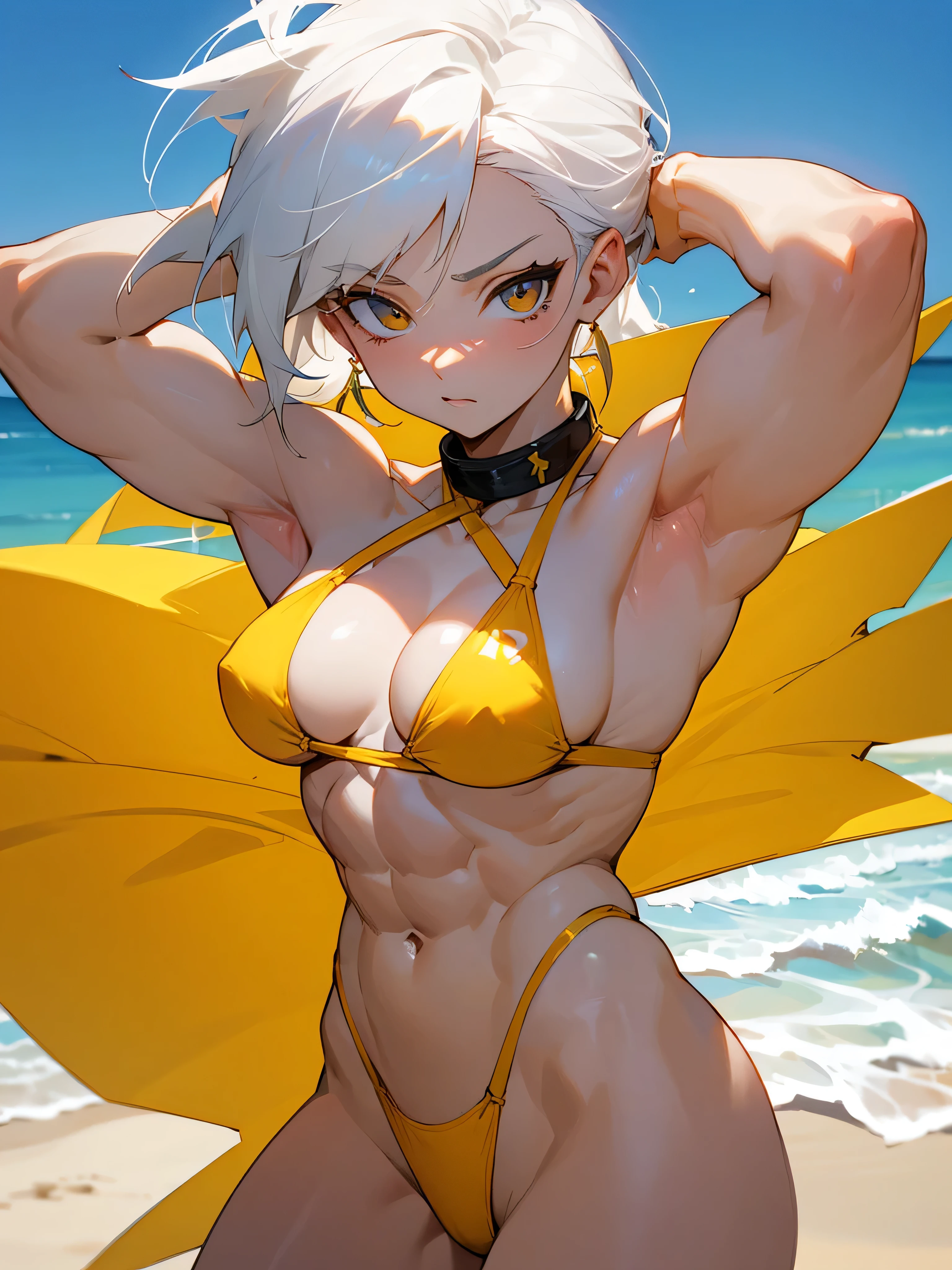 18 year old anime muscle mommy with white hair and pale skin in a yellow thong bikini flexing her muscles with her hands behind her head so they are not seen to pridefully show off her abs on a white sanded beach, highly detailed