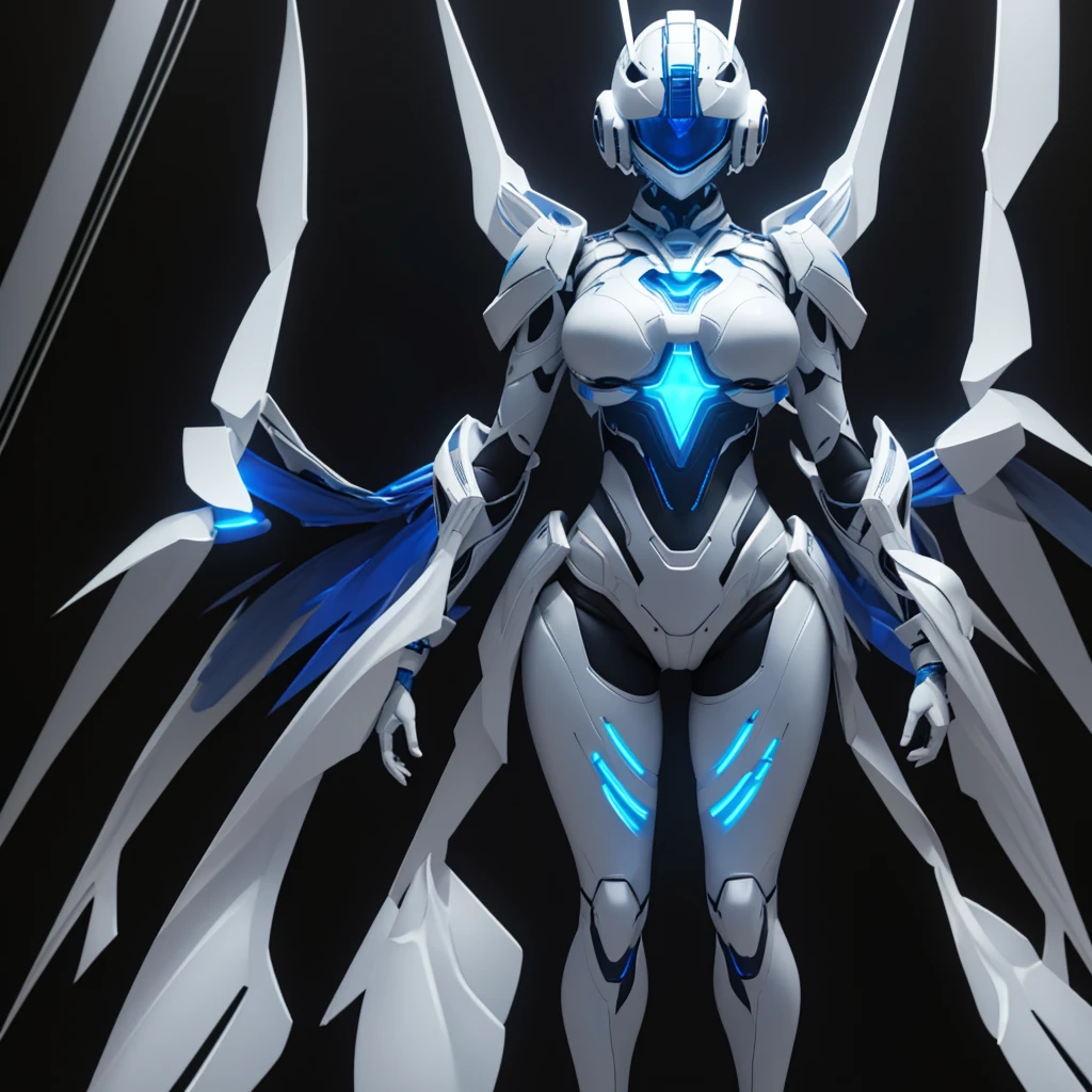 Dronificated unknown woman in a fully enclosed white latex fullbody suit with blue lights across the suit and star shaped glowing core in the chest, fully enclosed cyber helmet that cover her whole face and hides her identity with a blue screen that has a white star, huge breast, massive chest, narrow waist, wide hips and thick thighs, open Mechanical wings, in a spaceship, no face, no hair, no mouth, no eyes, (perfect anatomy)